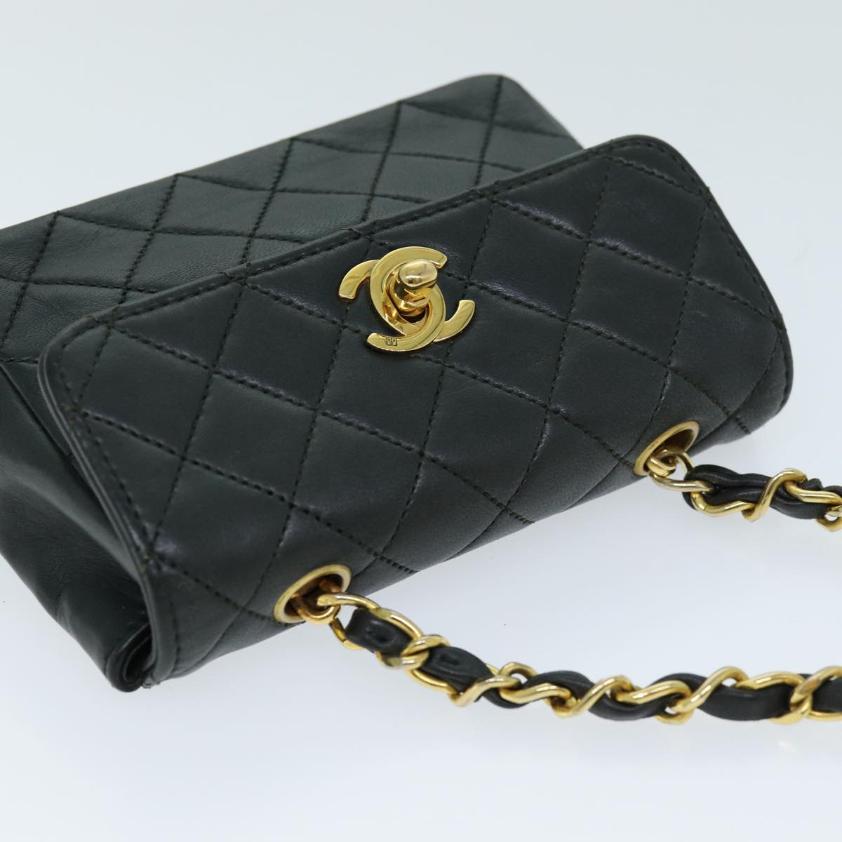 CHANEL Mini Matelasse Turn Lock Chain Bag Lamb Skin Black CC 72435A
