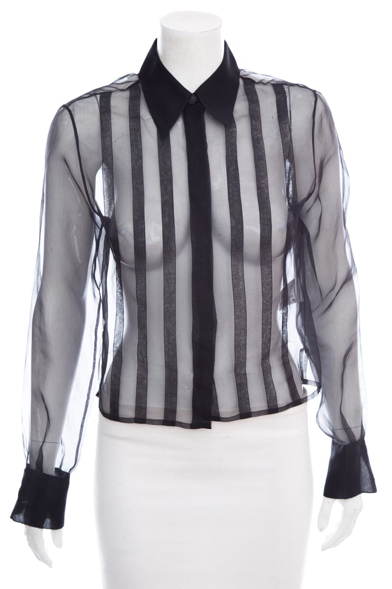 Chanel Black Silk Long Sleeve Mesh Blouse SZ 36