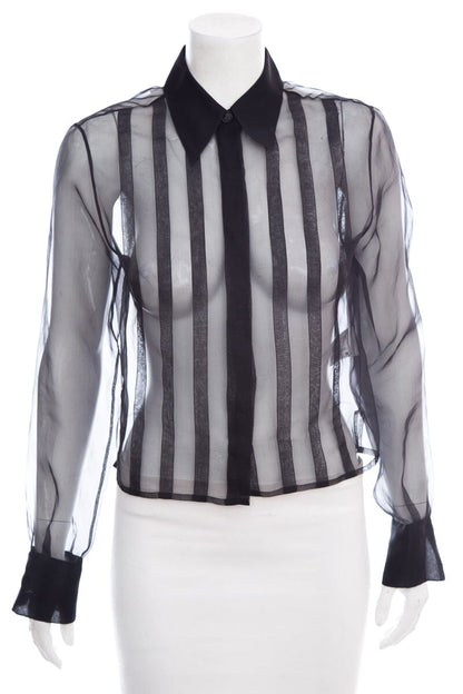 Chanel Black Silk Long Sleeve Mesh Blouse SZ 36