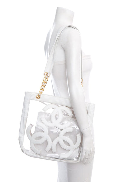 Chanel Vintage White PVC Panel Triple CC Shoulder Tote