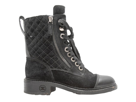 Black Chanel Quilted Suede Cap-Toe Combat Boots Size 35