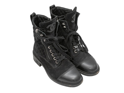 Black Chanel Quilted Suede Cap-Toe Combat Boots Size 35