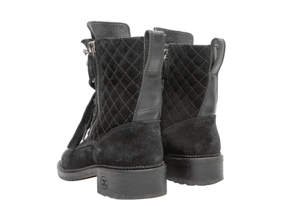 Black Chanel Quilted Suede Cap-Toe Combat Boots Size 35