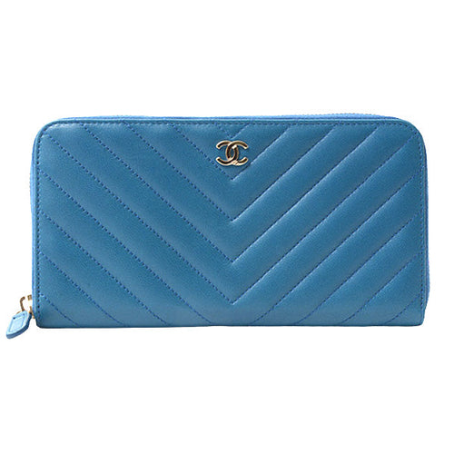 Chanel Chevron Lambskin Round Zip Wallet Blue