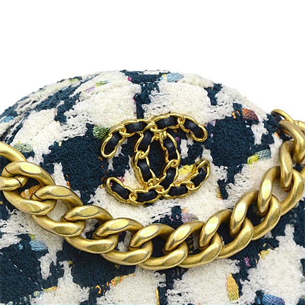 Chanel Tweed Round Chain Shoulder Bag Houndstooth White Navy