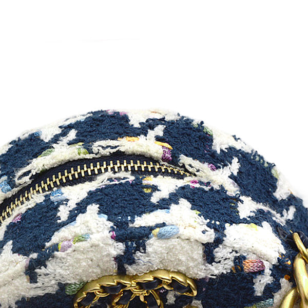 Chanel Tweed Round Chain Shoulder Bag Houndstooth White Navy