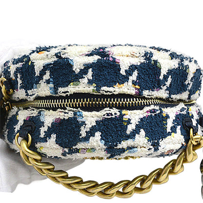Chanel Tweed Round Chain Shoulder Bag Houndstooth White Navy