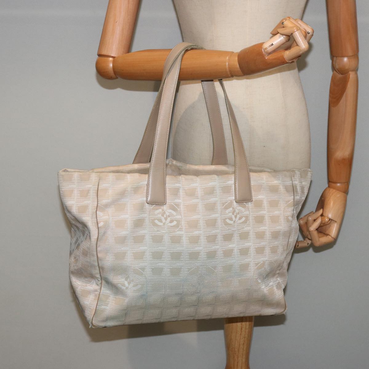 CHANEL New Travel Line Tote Bag Nylon Beige CC 76174
