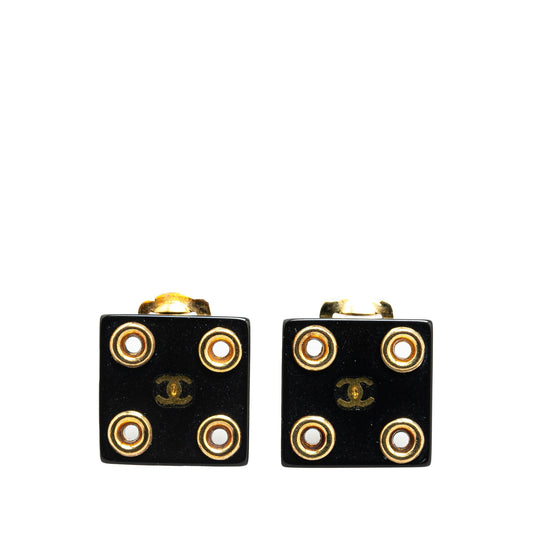 Gold Chanel Gold Plated Acrylic CC Square Clip On Earrings