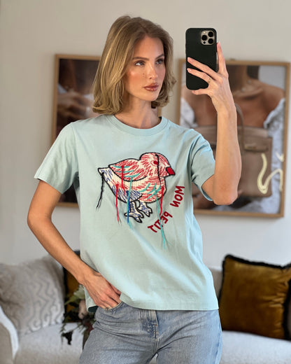 Gucci Baby Blue Cotton T Shirt with Embroidered Bird Size S (UK 8)