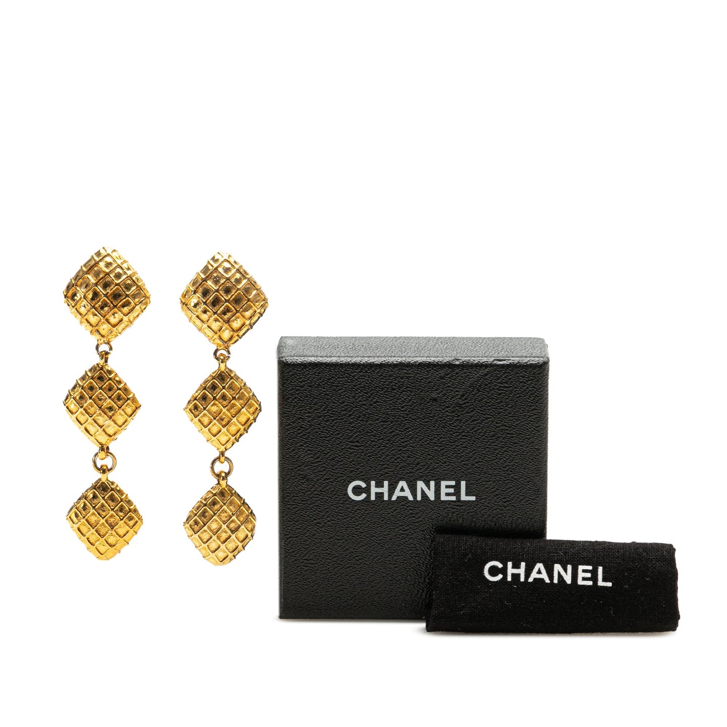 Gold Chanel Gold Plated Quilted Diamond Dangle Clip on Earrings