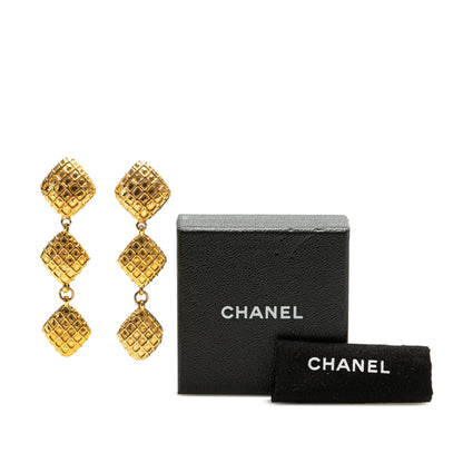 Gold Chanel Gold Plated Quilted Diamond Dangle Clip on Earrings