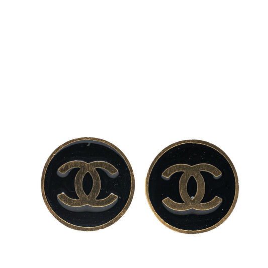 Black Chanel Gold Plated Enamel CC Clip On Earrings