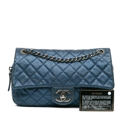 Blue Chanel Medium Quilted Iridescent Caviar Easy Flap Shoulder Bag