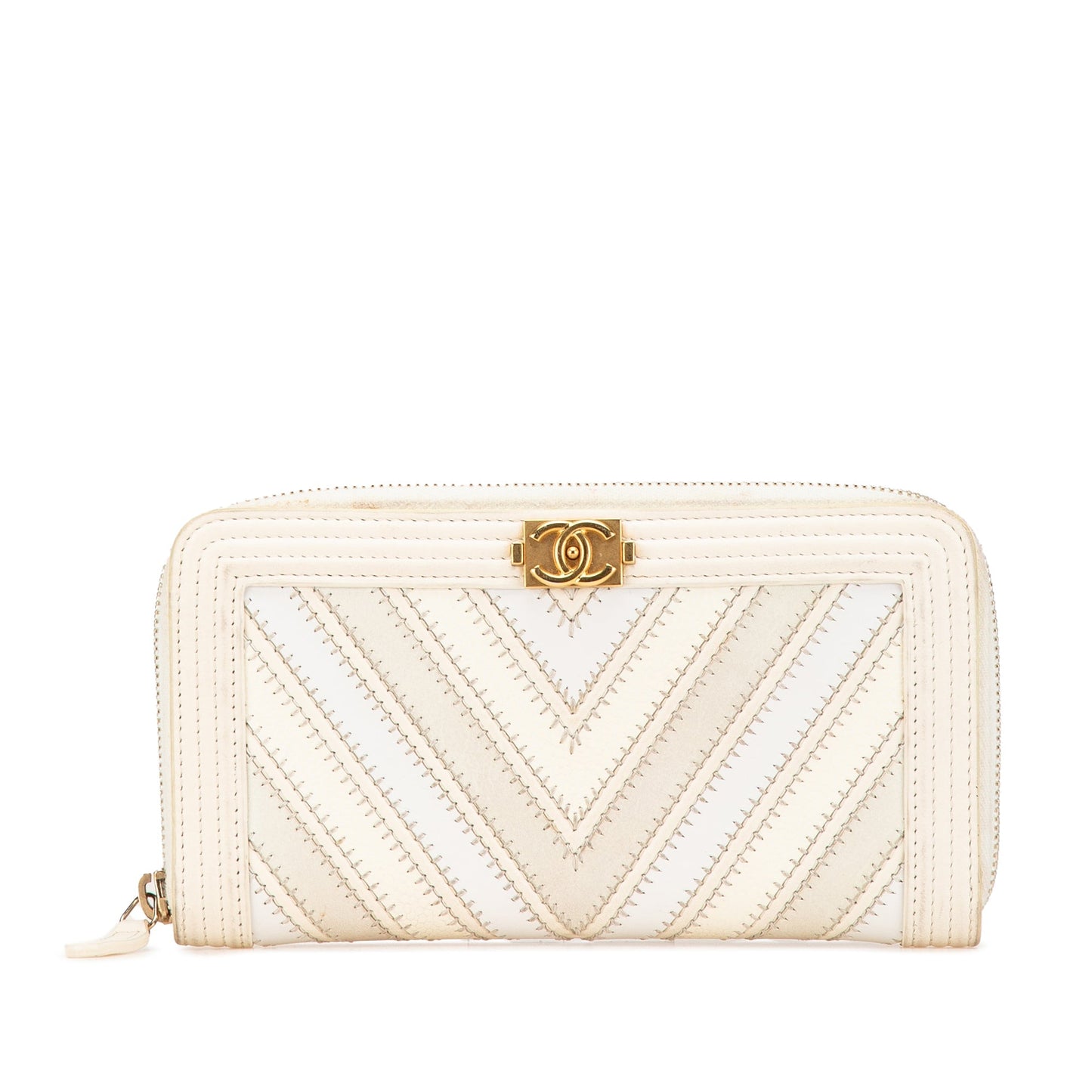 Beige Chanel Mixed Leather Chevron Boy Zip Around Wallet