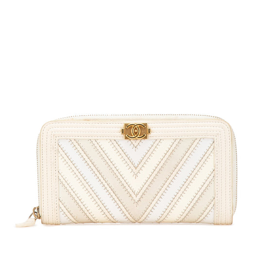 Beige Chanel Mixed Leather Chevron Boy Zip Around Wallet