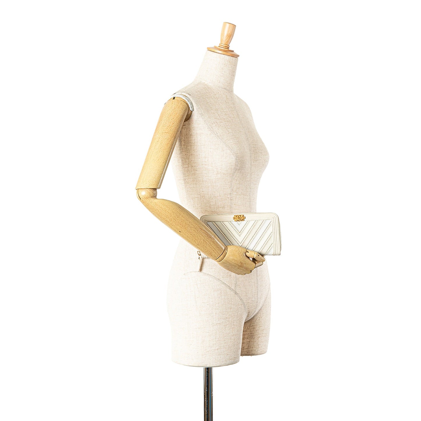 Beige Chanel Mixed Leather Chevron Boy Zip Around Wallet