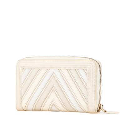 Beige Chanel Mixed Leather Chevron Boy Zip Around Wallet