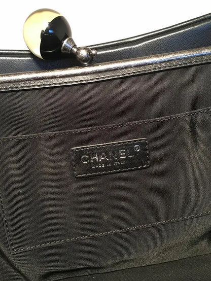 Chanel Black Leather Crystal Ball Kiss lock Clutch