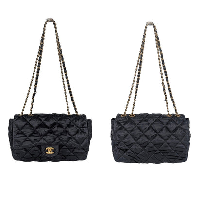Chanel Black Satin Quilted Pleated Medium Single Flap