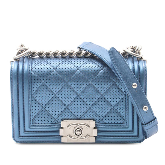 Blue Chanel Small Quilted Perforated Metallic Lambskin Boy Flap Crossbody Bag