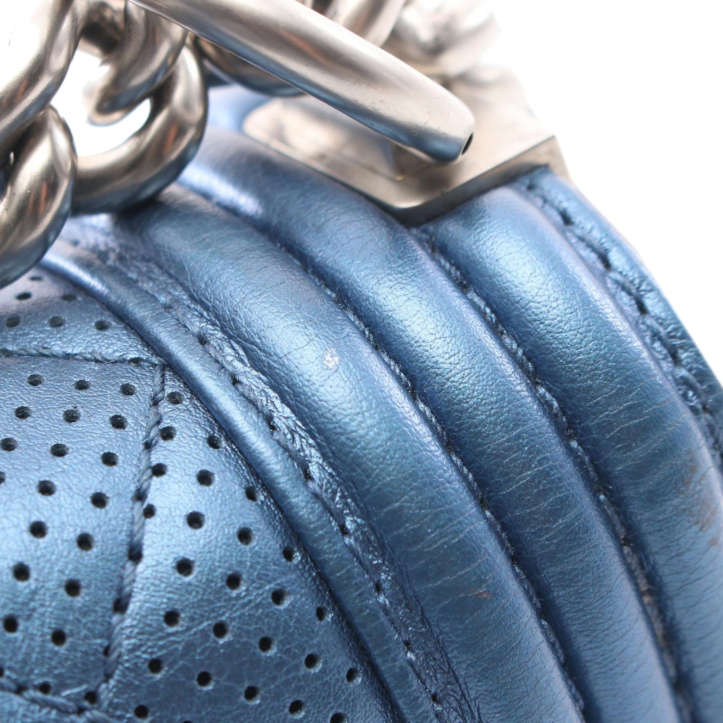 Blue Chanel Small Quilted Perforated Metallic Lambskin Boy Flap Crossbody Bag