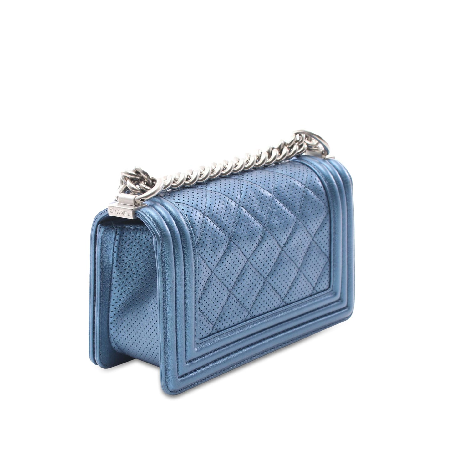 Blue Chanel Small Quilted Perforated Metallic Lambskin Boy Flap Crossbody Bag