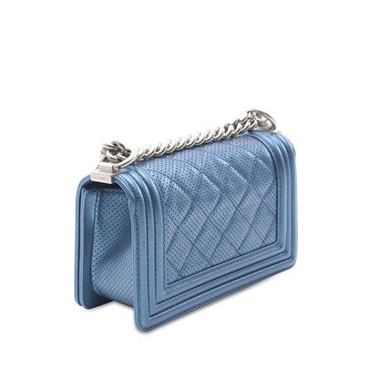 Blue Chanel Small Quilted Perforated Metallic Lambskin Boy Flap Crossbody Bag