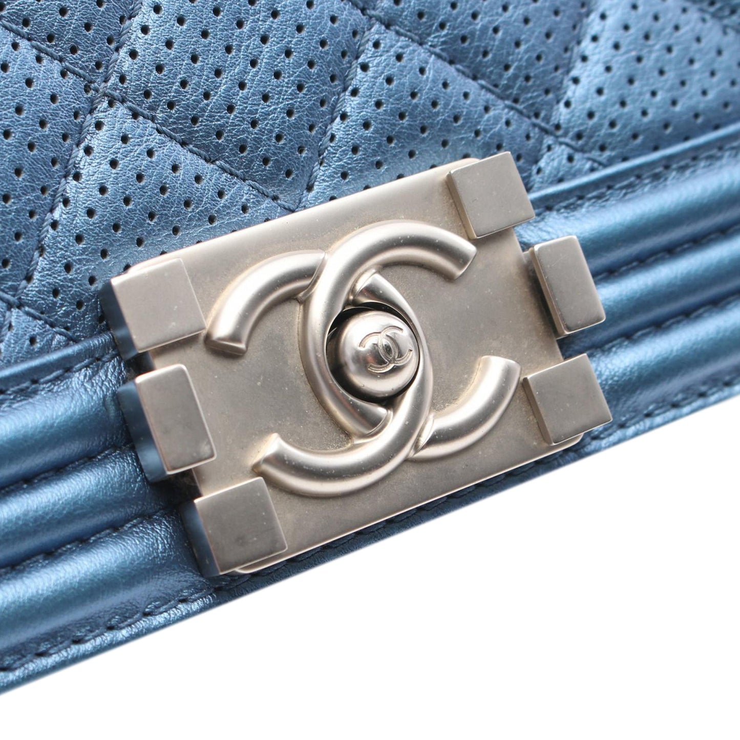 Blue Chanel Small Quilted Perforated Metallic Lambskin Boy Flap Crossbody Bag