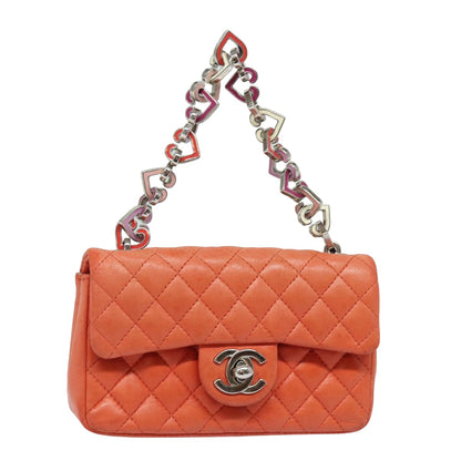CHANEL Matelasse Chain mini Hand Bag Lamb Skin Orange CC 82245A