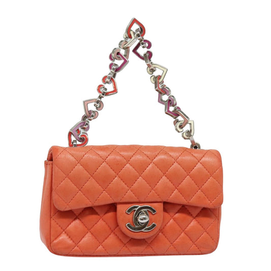 CHANEL Matelasse Chain mini Hand Bag Lamb Skin Orange CC 82245A