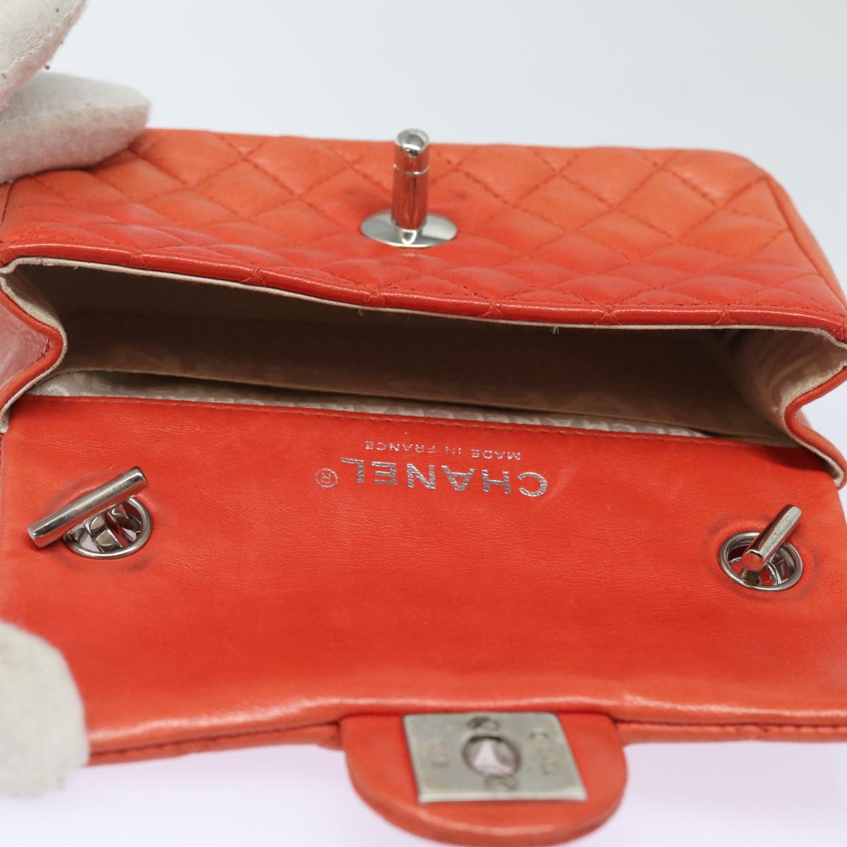CHANEL Matelasse Chain mini Hand Bag Lamb Skin Orange CC 82245A