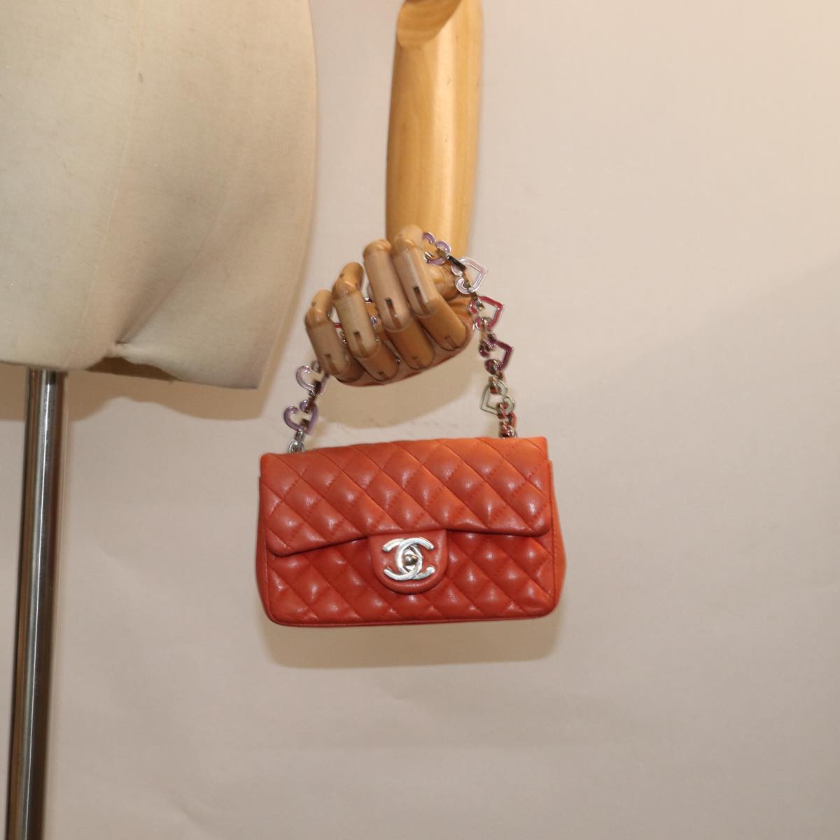 CHANEL Matelasse Chain mini Hand Bag Lamb Skin Orange CC 82245A