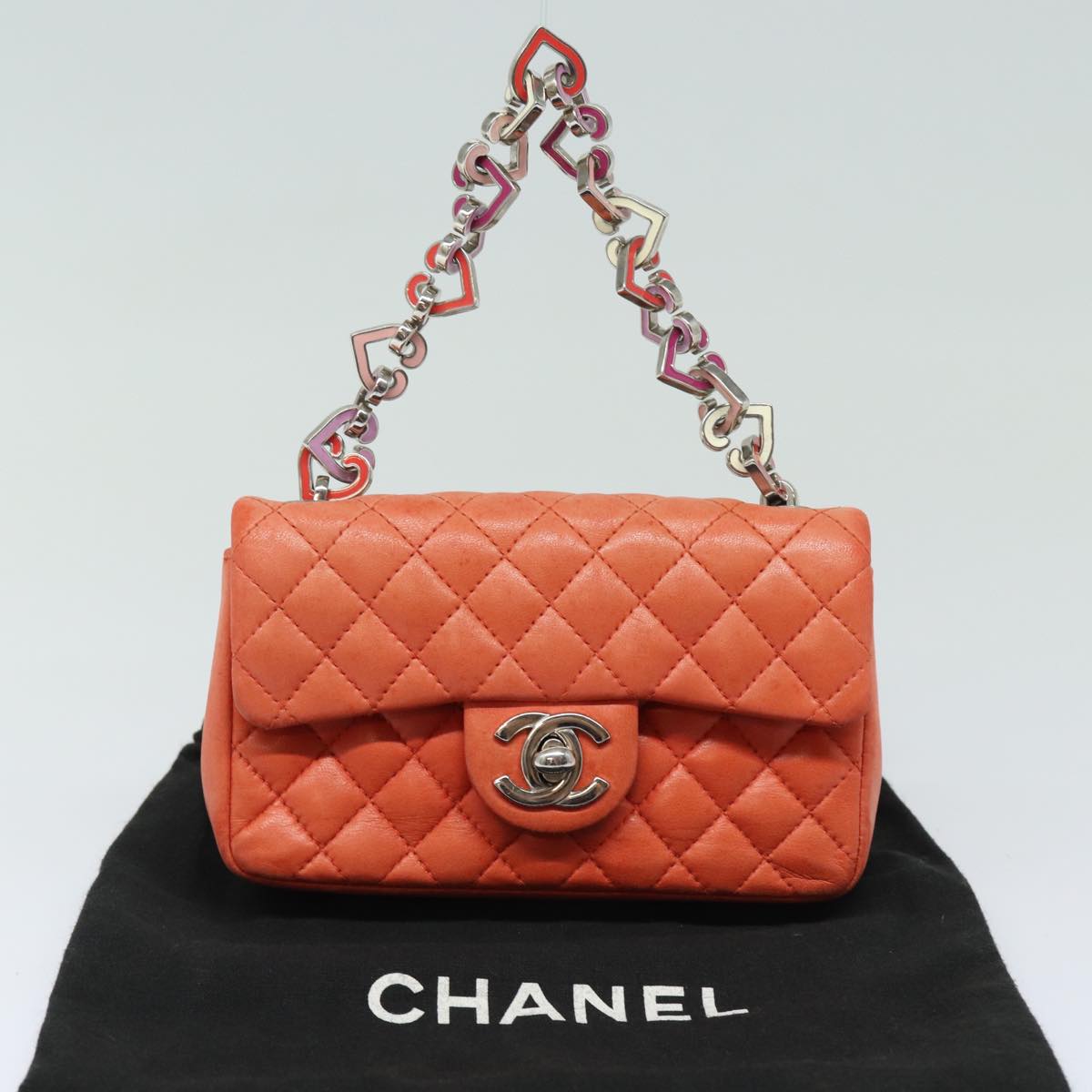 CHANEL Matelasse Chain mini Hand Bag Lamb Skin Orange CC 82245A