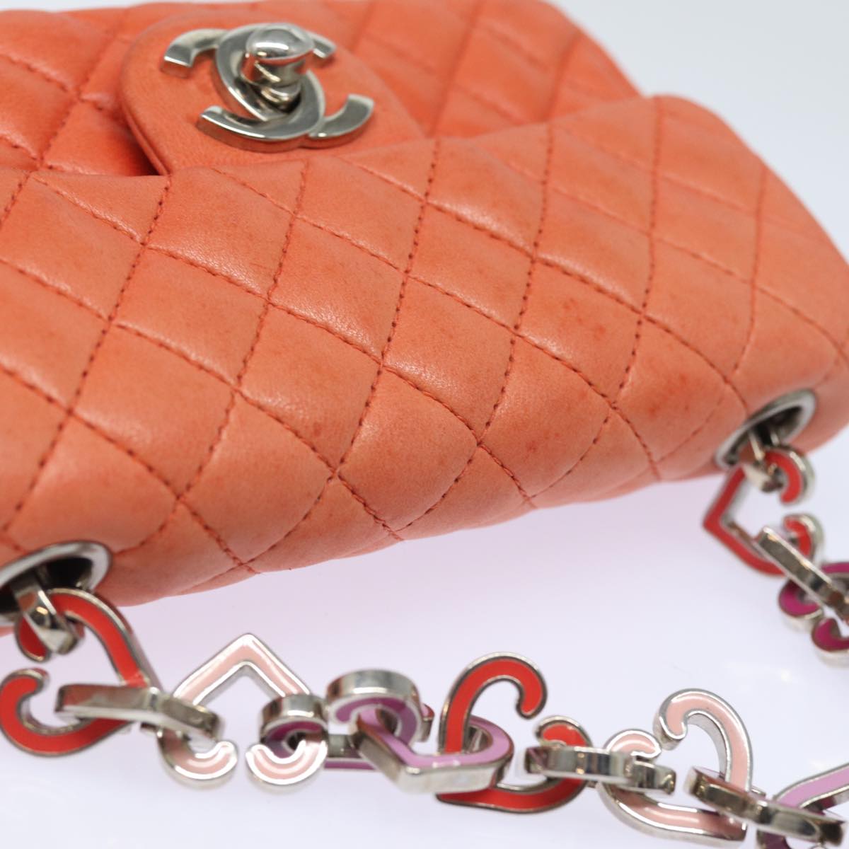 CHANEL Matelasse Chain mini Hand Bag Lamb Skin Orange CC 82245A