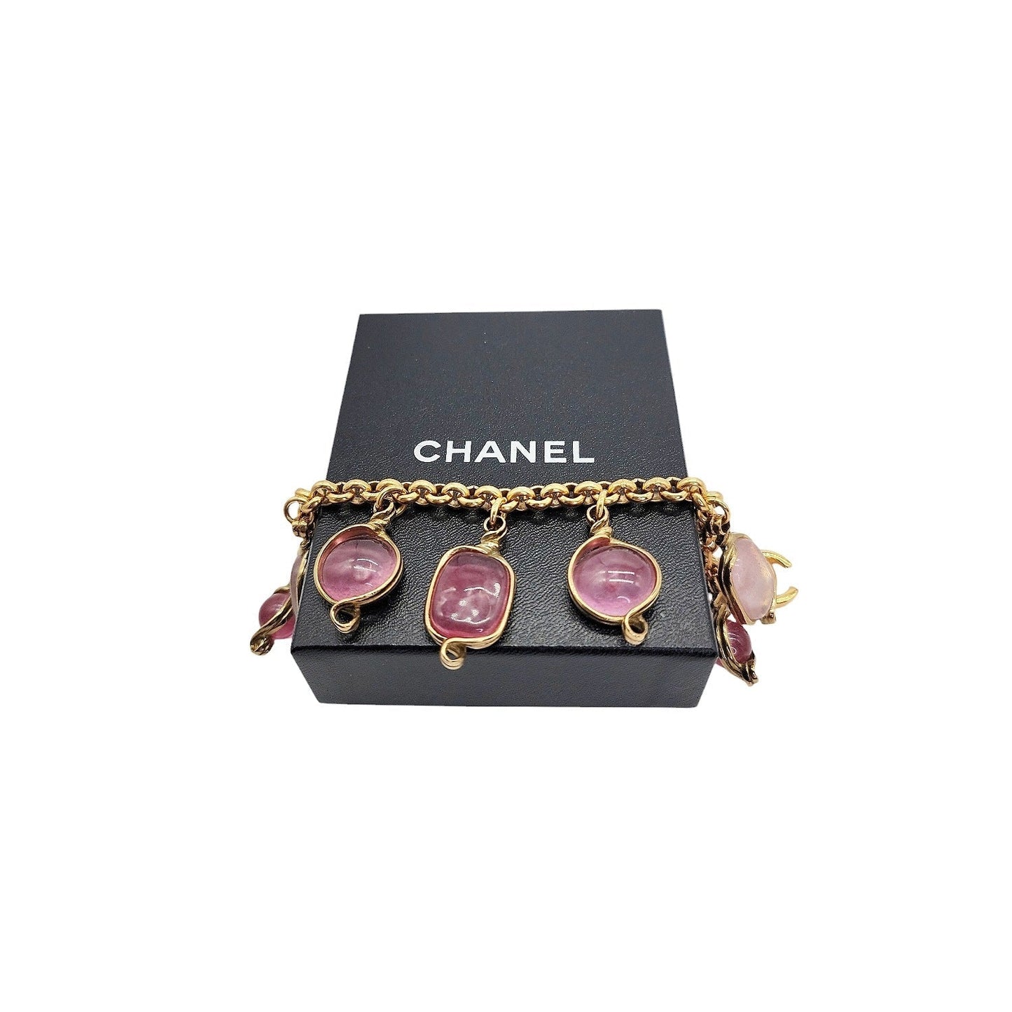 Chanel Vintage Gold-tone & Pink Gripoix 96P Charm Bracelet