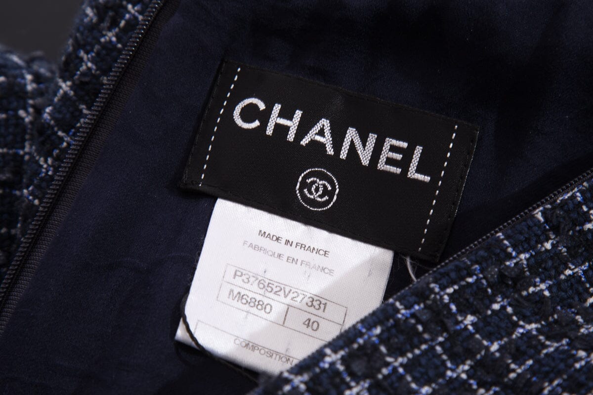 Chanel Navy Tweed Sleeveless Knee Length Dress SZ 40
