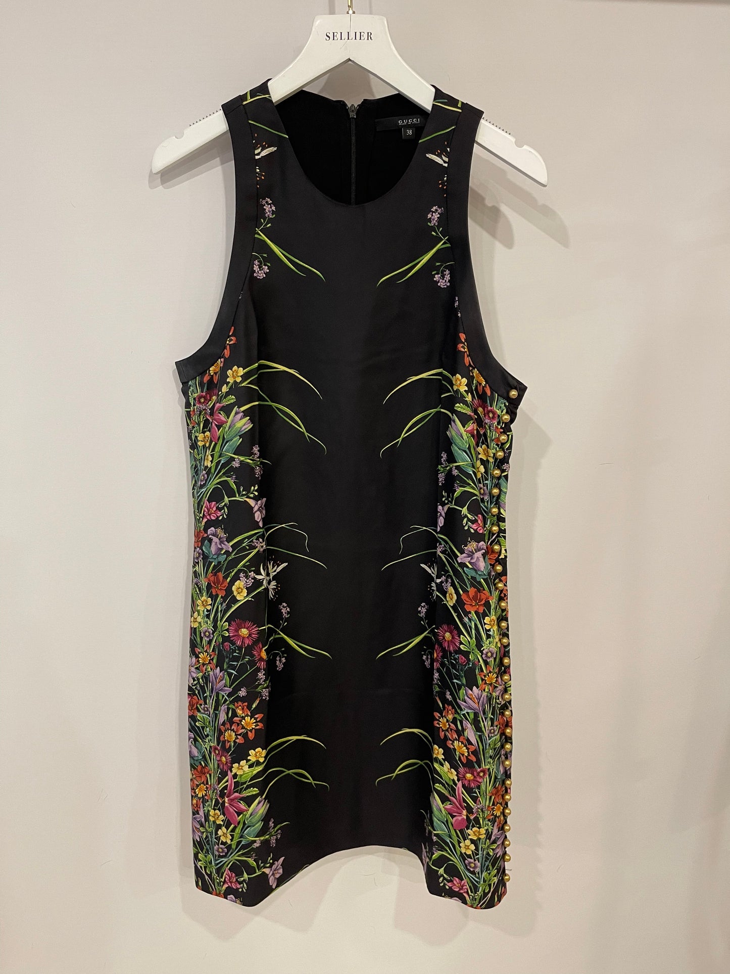 Gucci Black Silk Mini Floral Printed Dress with Gold Pearl Embellishments Size IT 38 (UK 6)