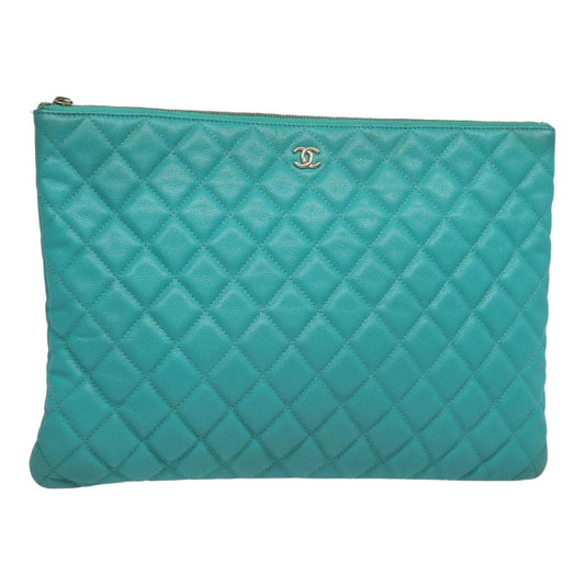 CHANEL Clutch Bag Caviar Skin Turquoise Blue CC 83807A