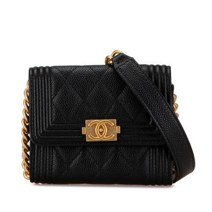 Chanel Sac Quilted Caviar Boy Card Holder with Chain