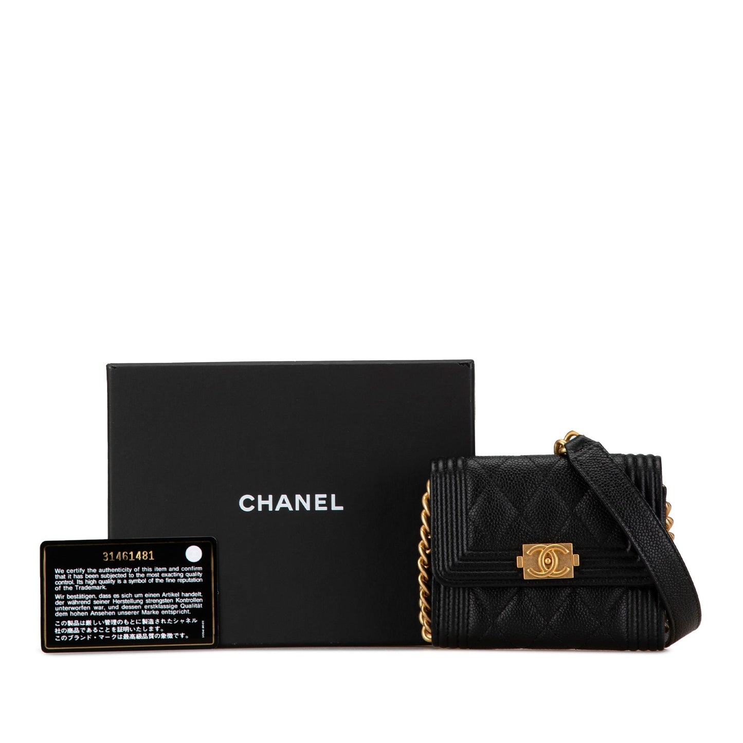 Chanel Sac Quilted Caviar Boy Card Holder with Chain