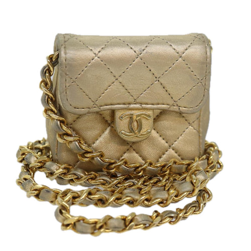 CHANEL Mini Matelasse Chain Shoulder Bag Lamb Skin Gold Tone CC 84205A