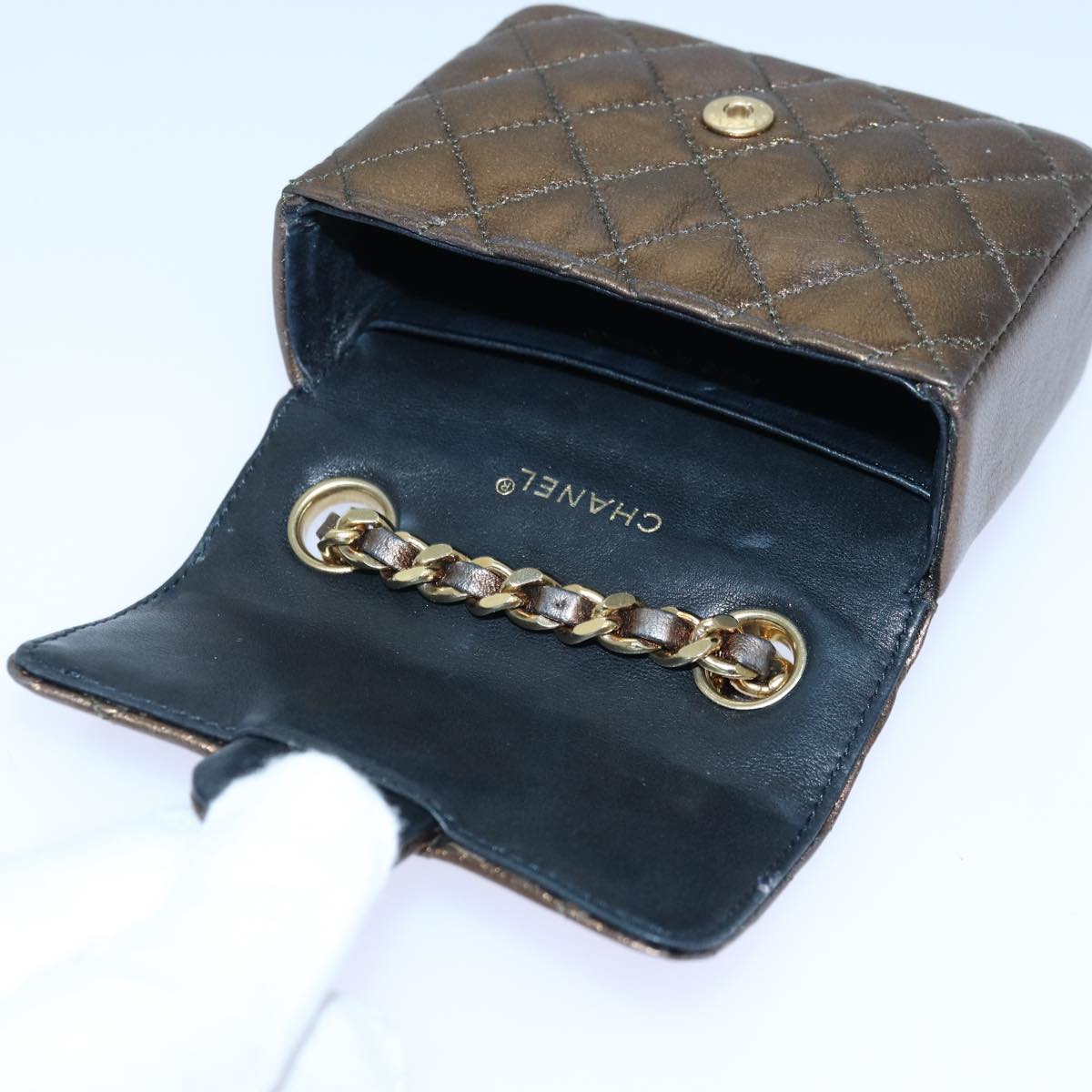 CHANEL Mini Matelasse Chain Pouch Lamb Skin Gold Tone CC 84490