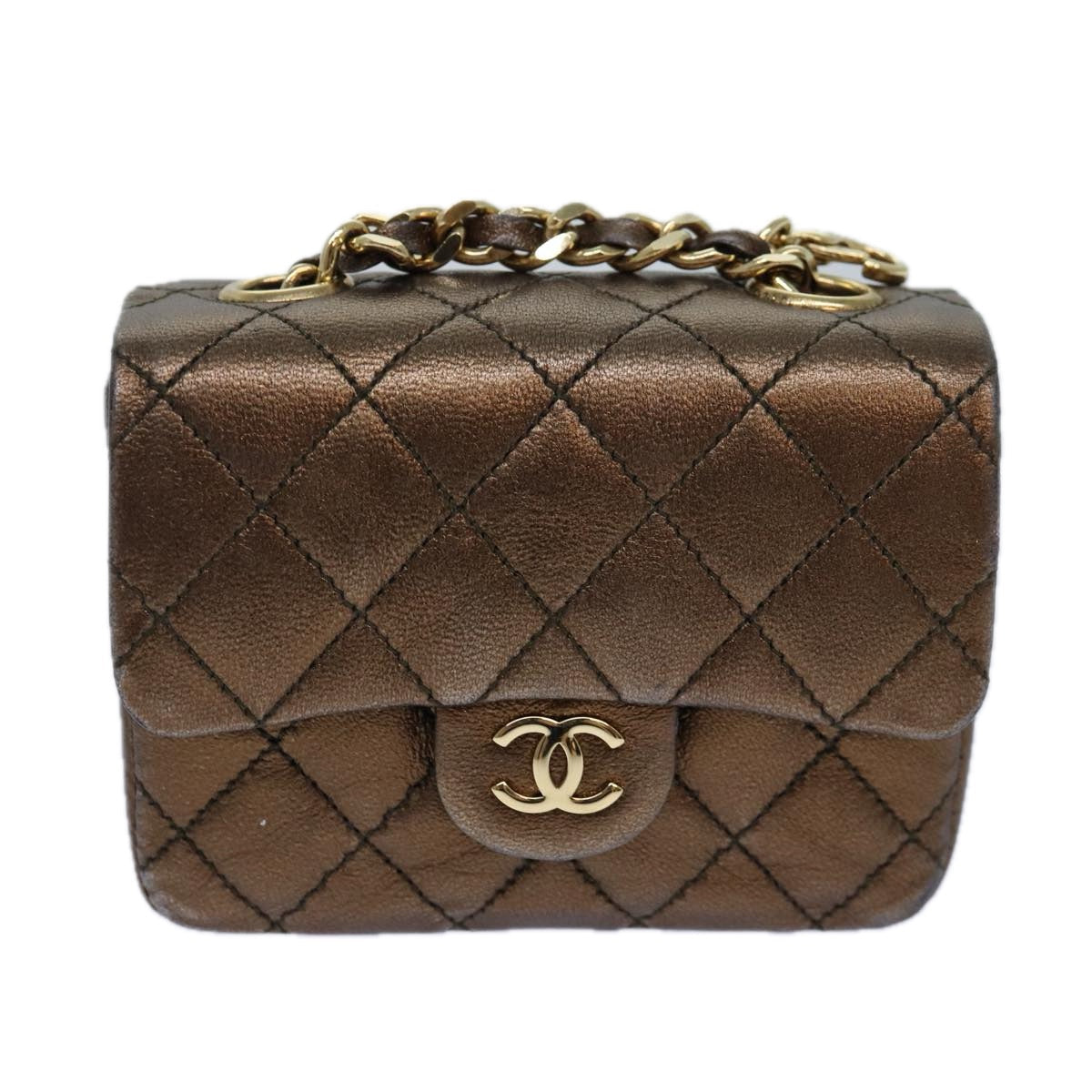 CHANEL Mini Matelasse Chain Pouch Lamb Skin Gold Tone CC 84490