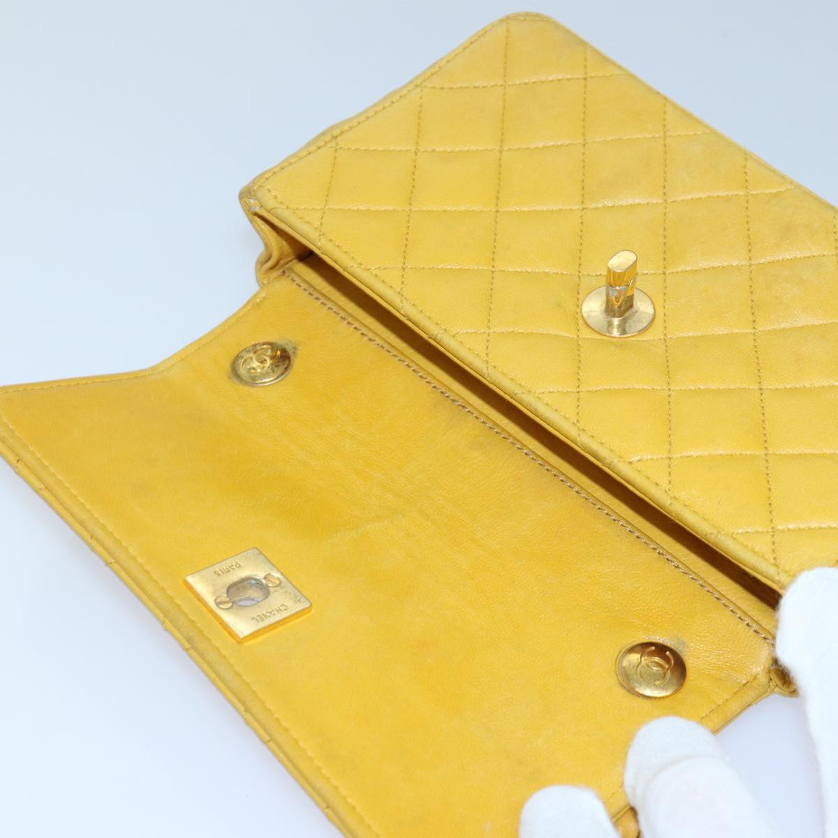 CHANEL Mini Matelasse Chain Shoulder Bag Lamb Skin Yellow Gold CC 85920