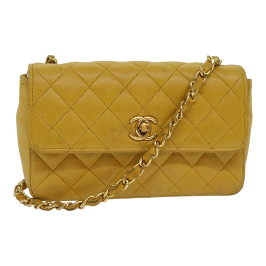 CHANEL Mini Matelasse Chain Shoulder Bag Lamb Skin Yellow Gold CC 85920