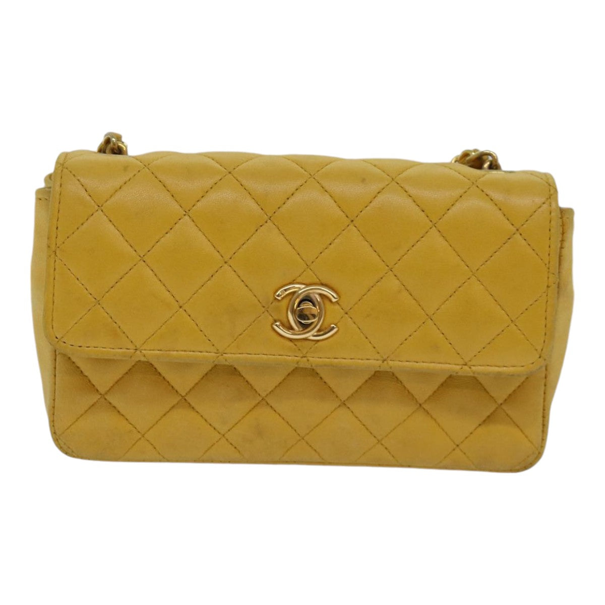CHANEL Mini Matelasse Chain Shoulder Bag Lamb Skin Yellow Gold CC 85920