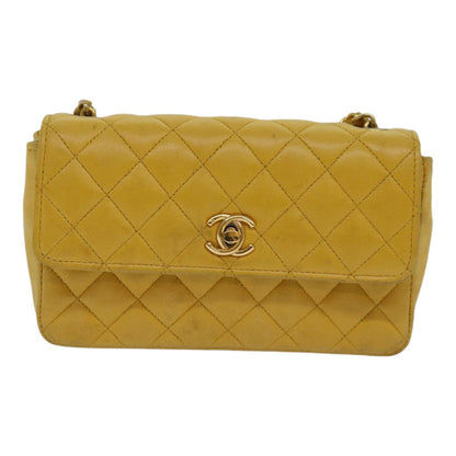 CHANEL Mini Matelasse Chain Shoulder Bag Lamb Skin Yellow Gold CC 85920