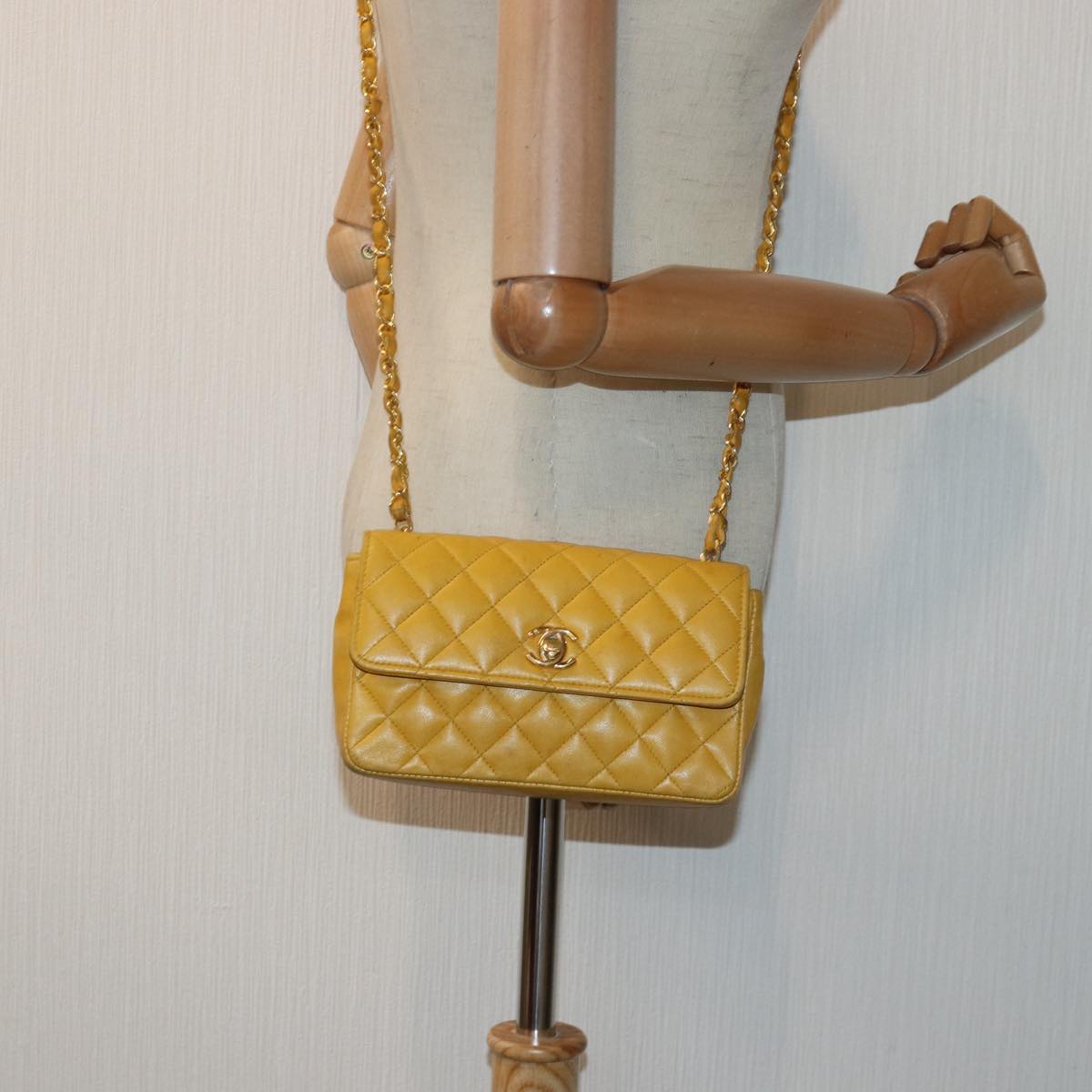 CHANEL Mini Matelasse Chain Shoulder Bag Lamb Skin Yellow Gold CC 85920