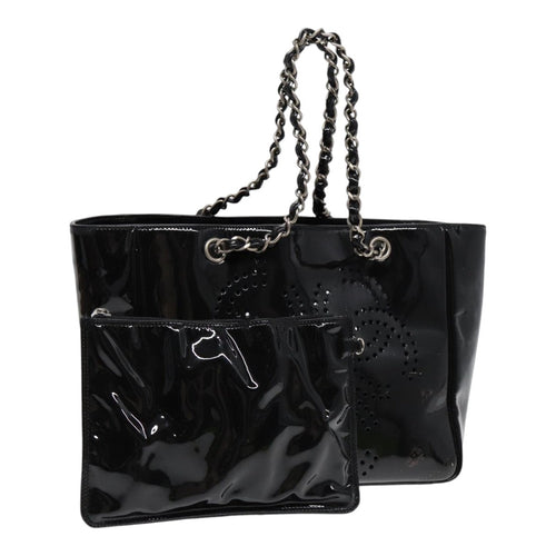 CHANEL Chain Tote Bag Patent leather Black Silver CC 86039